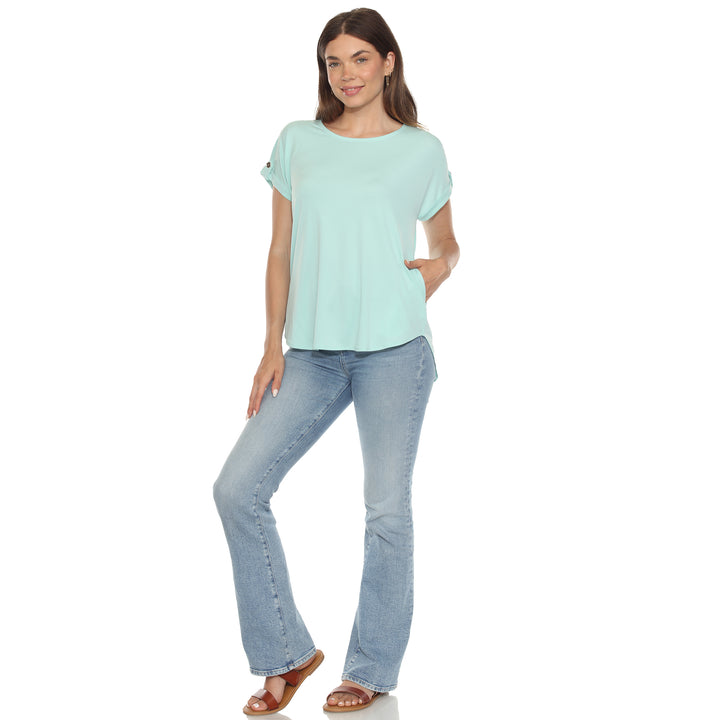 Women’s light aqua short sleeve top with rolled cuffs and button-tab detail, relaxed fit for casual wear.