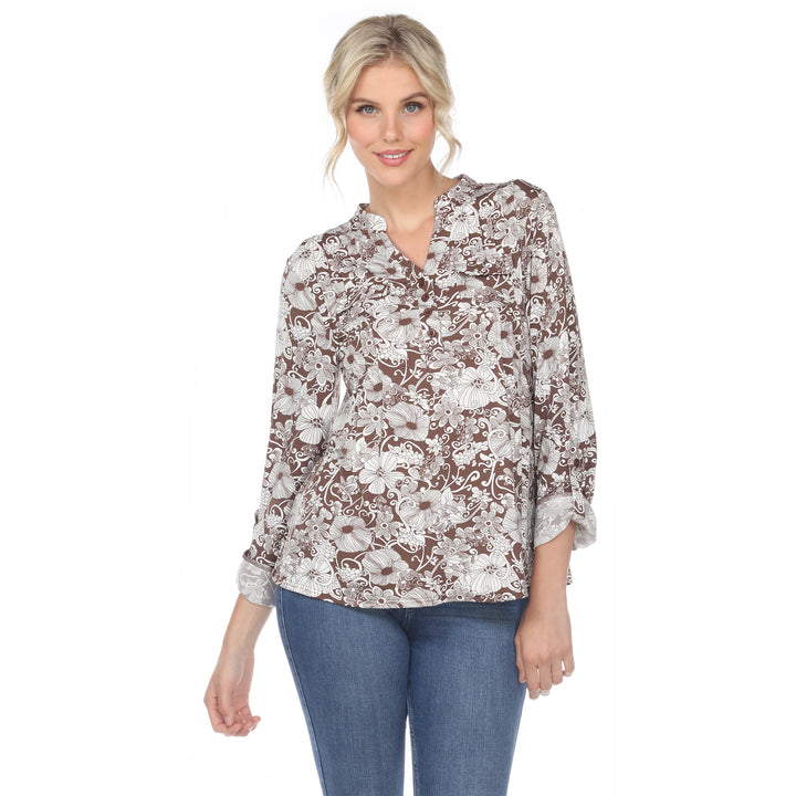 Women's Pleated Long Sleeve Floral Print Blouse