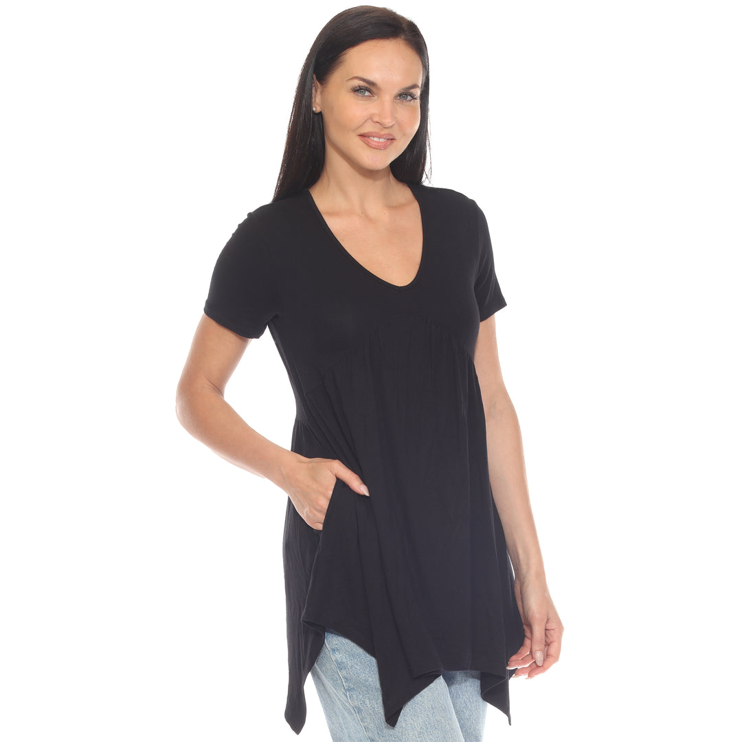 Women's Short Sleeve Shirred Front Knit Tunic Top with Pockets