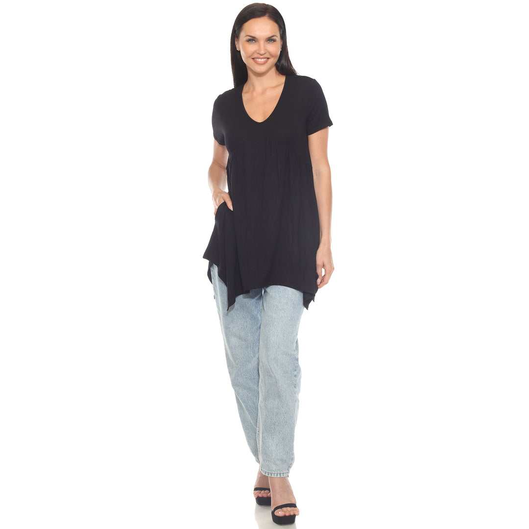 Women's Short Sleeve Shirred Front Knit Tunic Top with Pockets