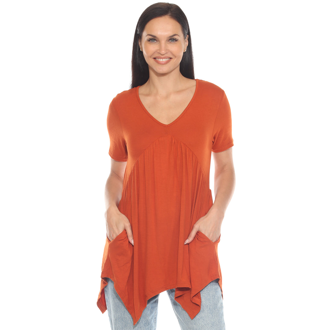 Women's Short Sleeve Shirred Front Knit Tunic Top with Pockets