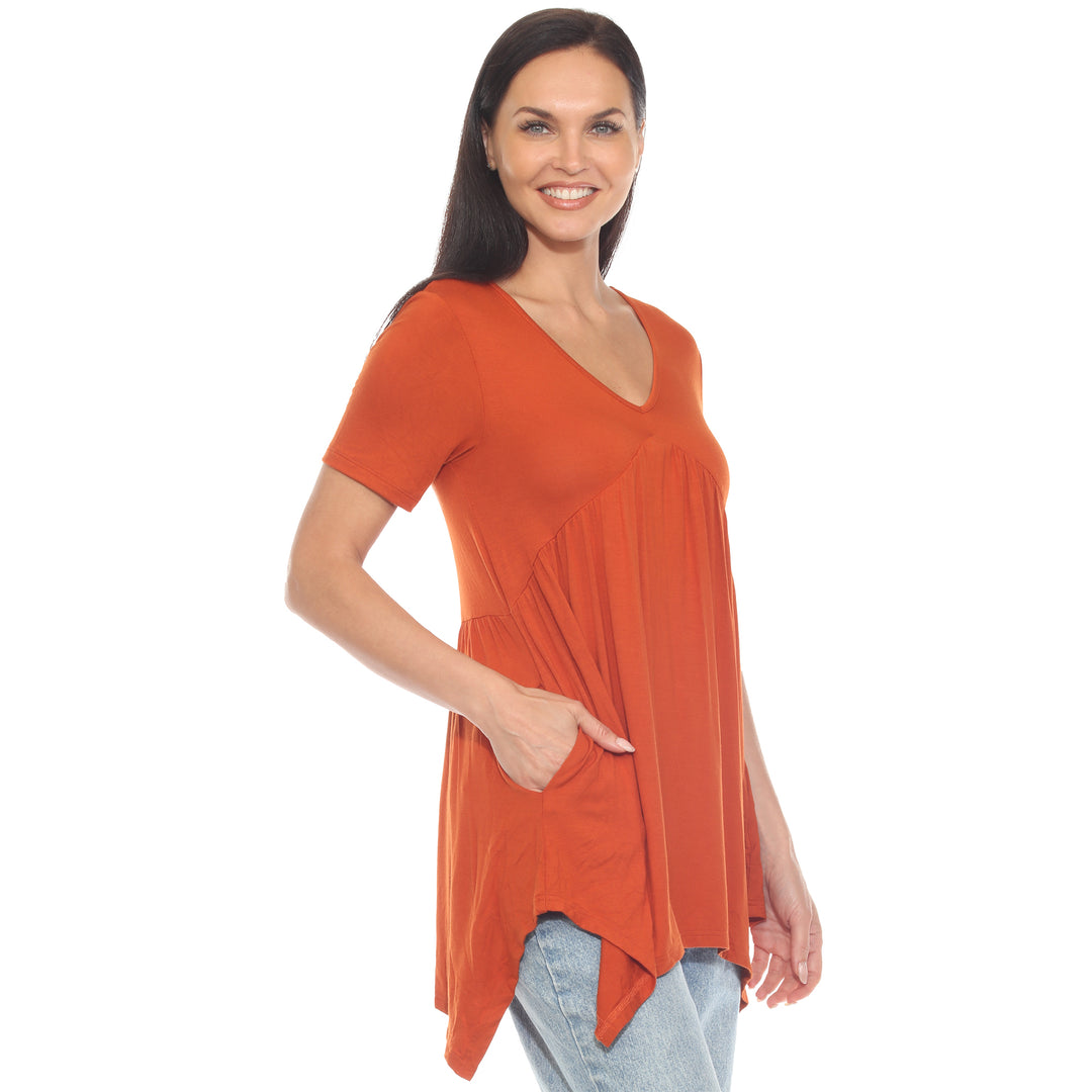 Women's Short Sleeve Shirred Front Knit Tunic Top with Pockets