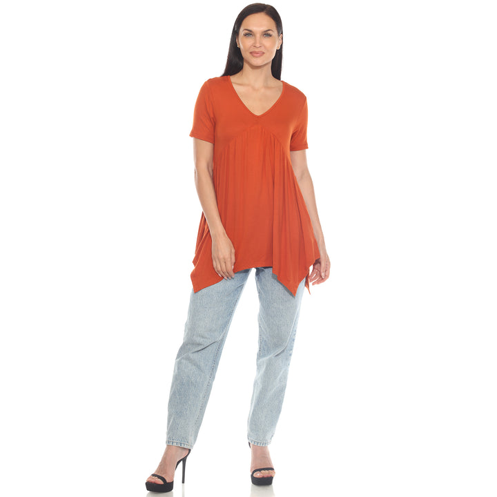 Women's Short Sleeve Shirred Front Knit Tunic Top with Pockets