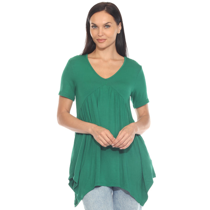 Women's Short Sleeve Shirred Front Knit Tunic Top with Pockets