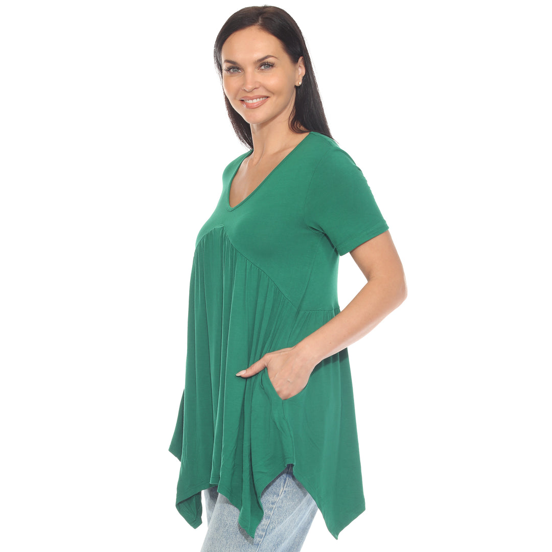 Women's Short Sleeve Shirred Front Knit Tunic Top with Pockets