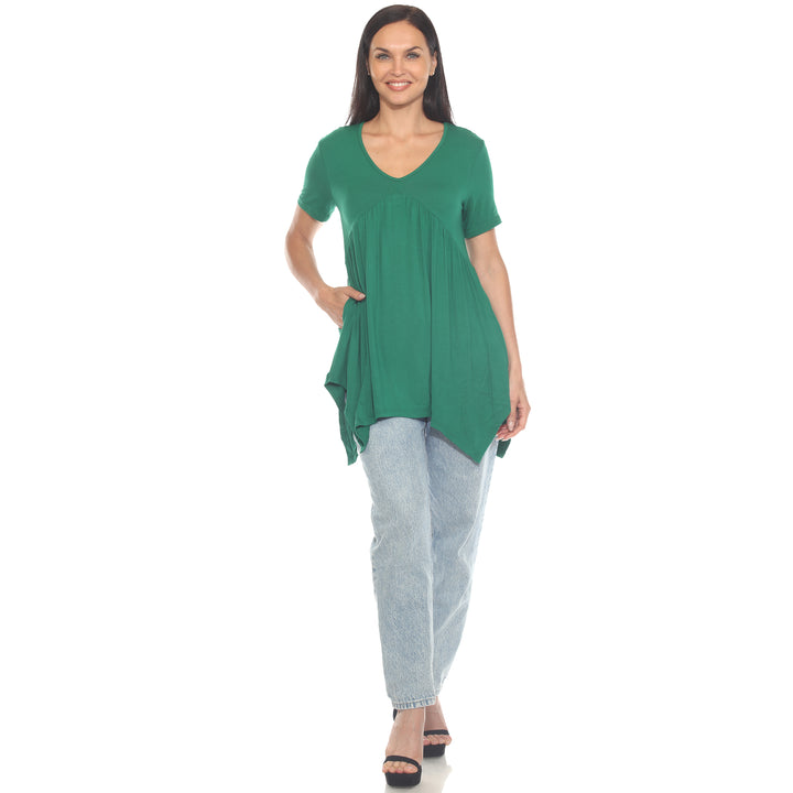 Women's Short Sleeve Shirred Front Knit Tunic Top with Pockets