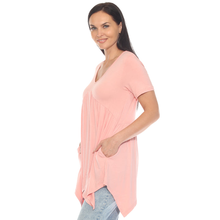 Women's Short Sleeve Shirred Front Knit Tunic Top with Pockets