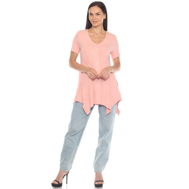 Women's Short Sleeve Shirred Front Knit Tunic Top with Pockets
