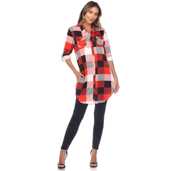 Women's Plaid Button Down Tunic Top