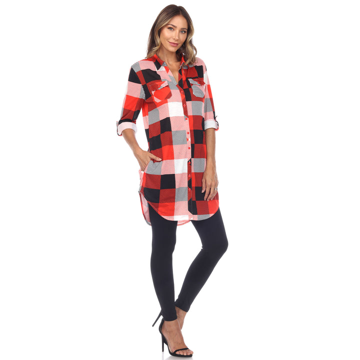 Women's Plaid Button Down Tunic Top