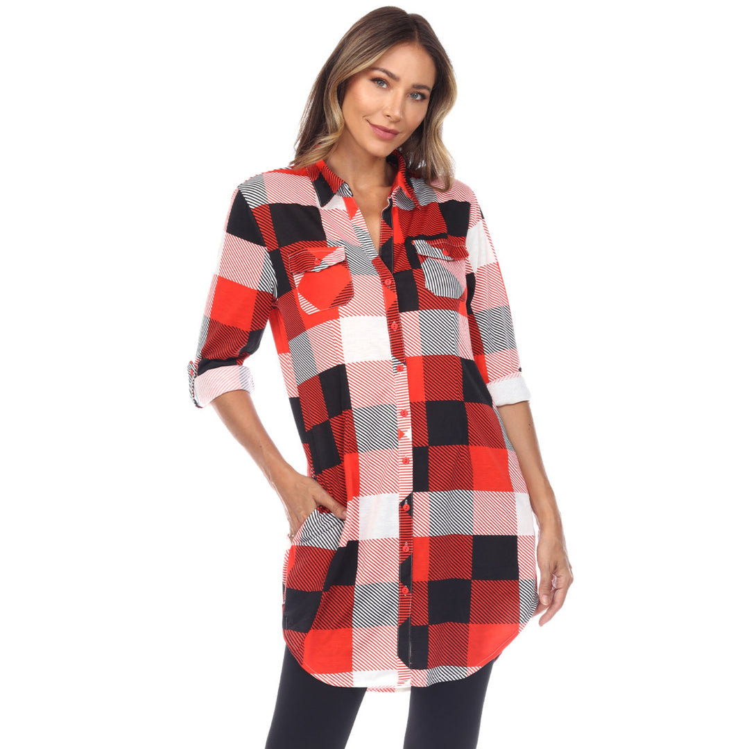 Women's Plaid Button Down Tunic Top