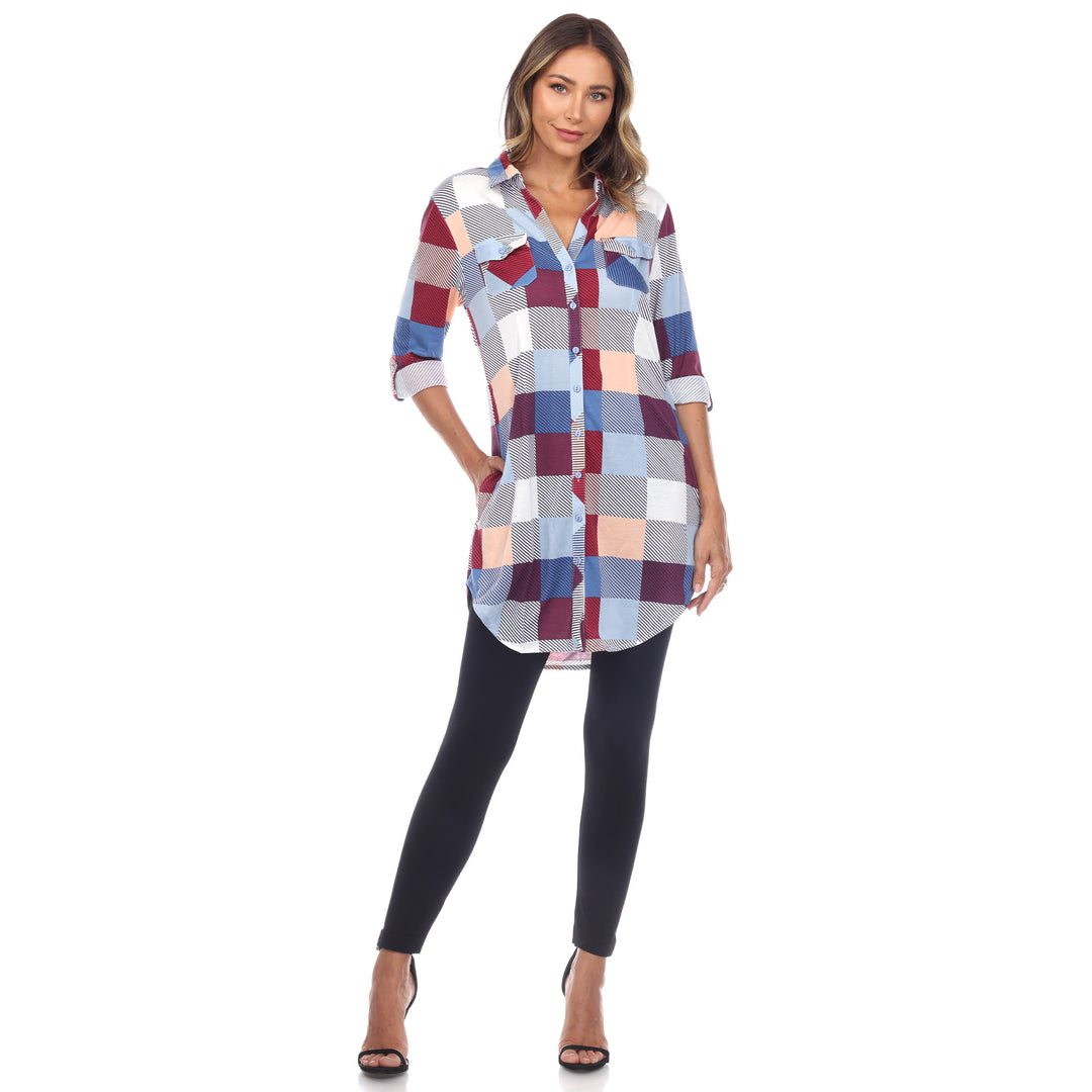 Women's Plaid Button Down Tunic Top