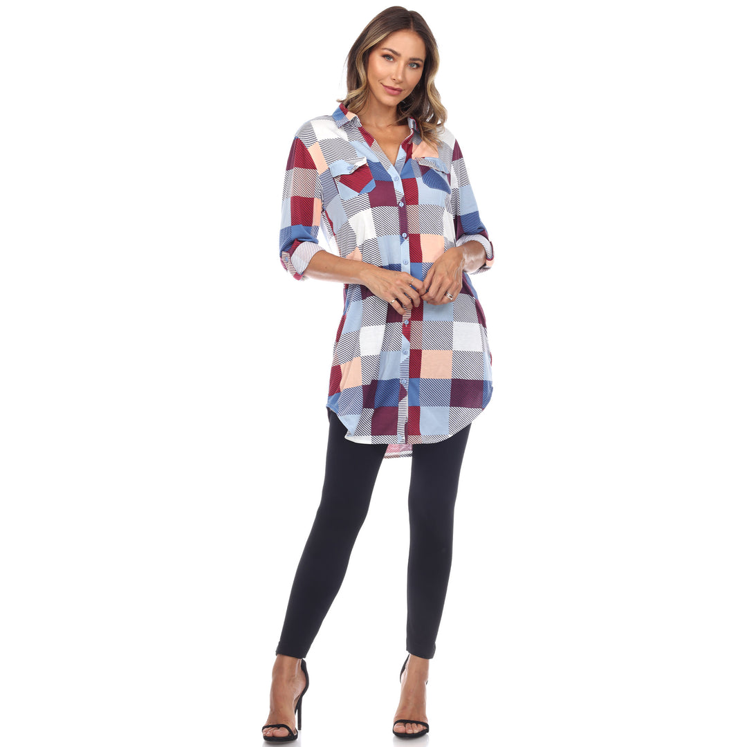 Women's Plaid Button Down Tunic Top