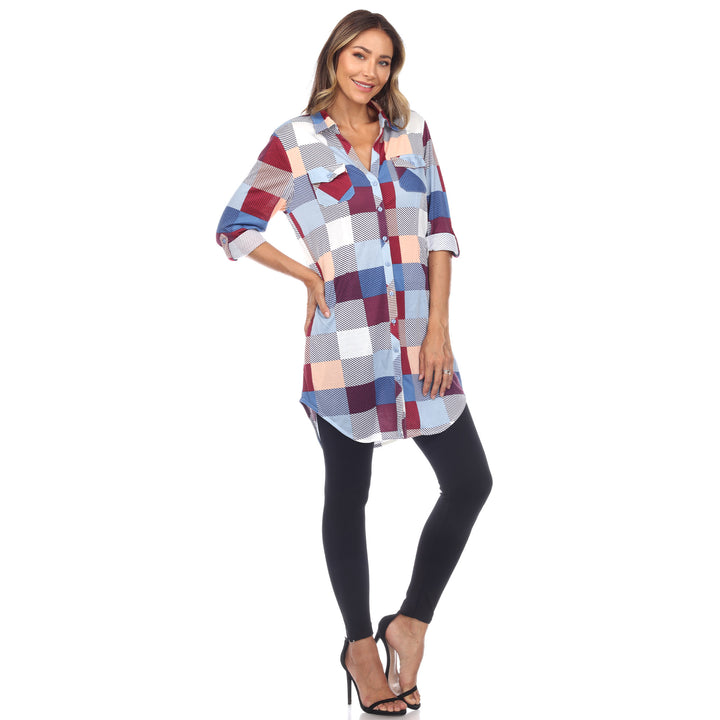 Women's Plaid Button Down Tunic Top