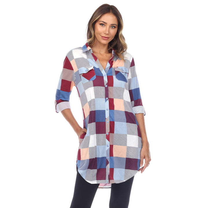 Women's Plaid Button Down Tunic Top