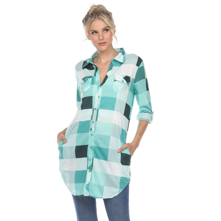 Women's Plaid Button Down Tunic Top