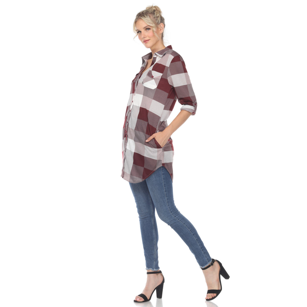 Women's Plaid Button Down Tunic Top