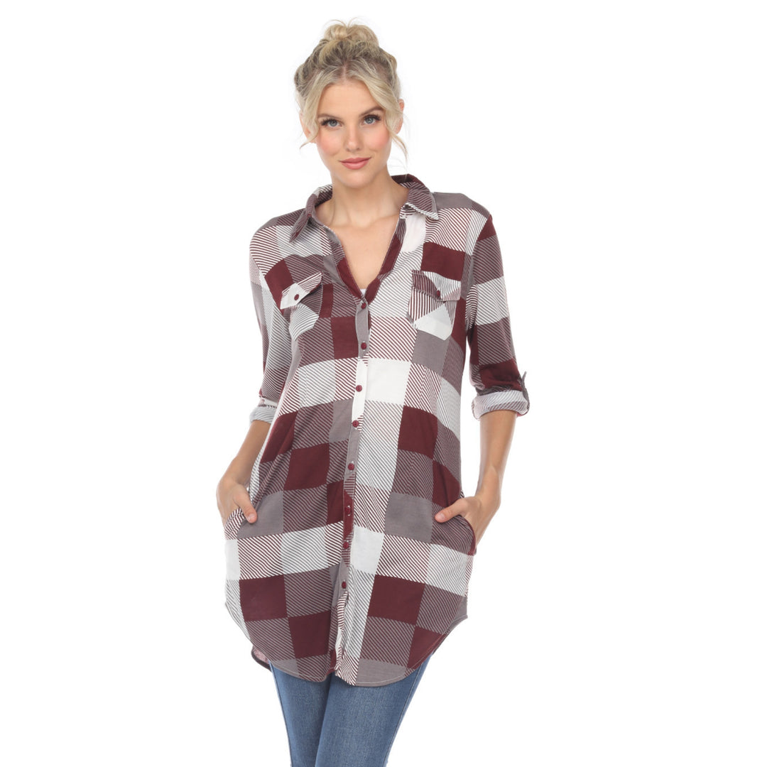 Women's Plaid Button Down Tunic Top