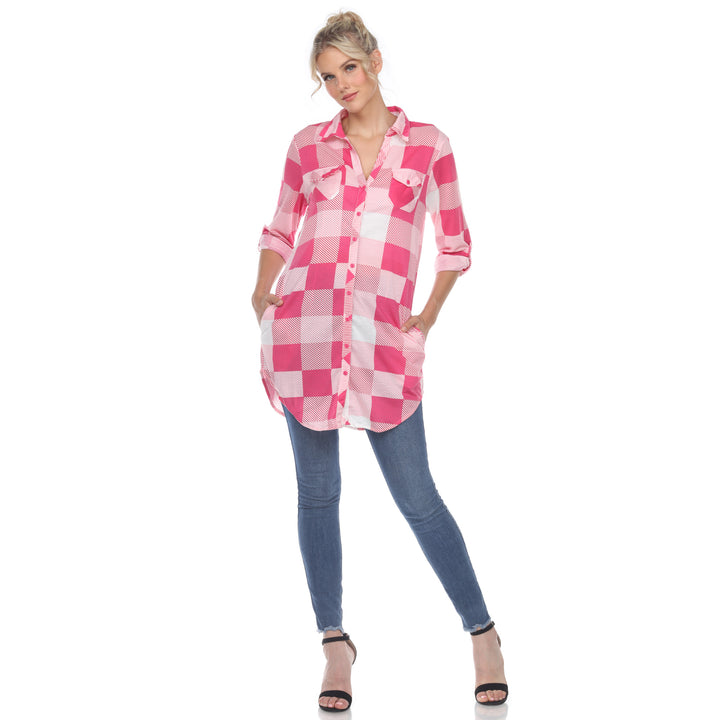 Women's Plaid Button Down Tunic Top