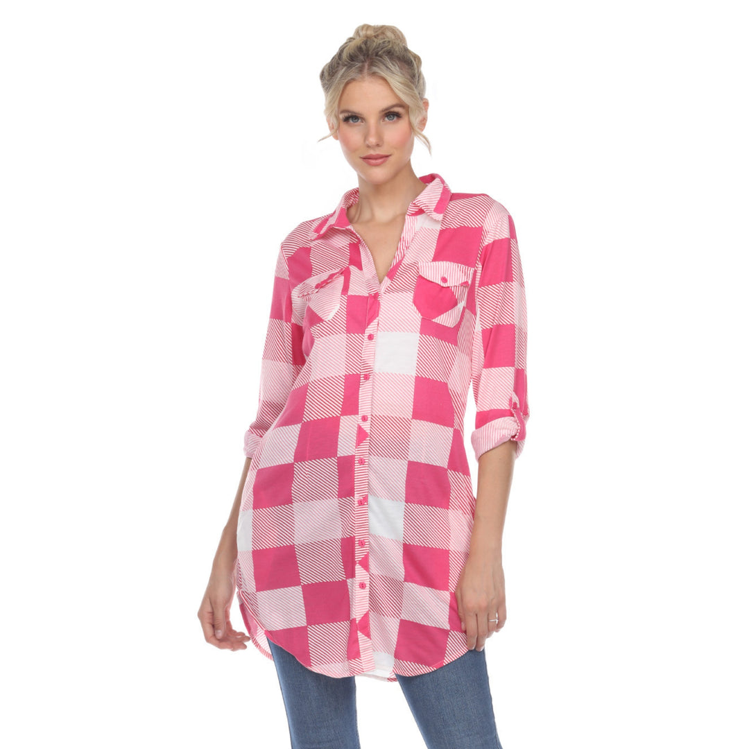Women's Plaid Button Down Tunic Top