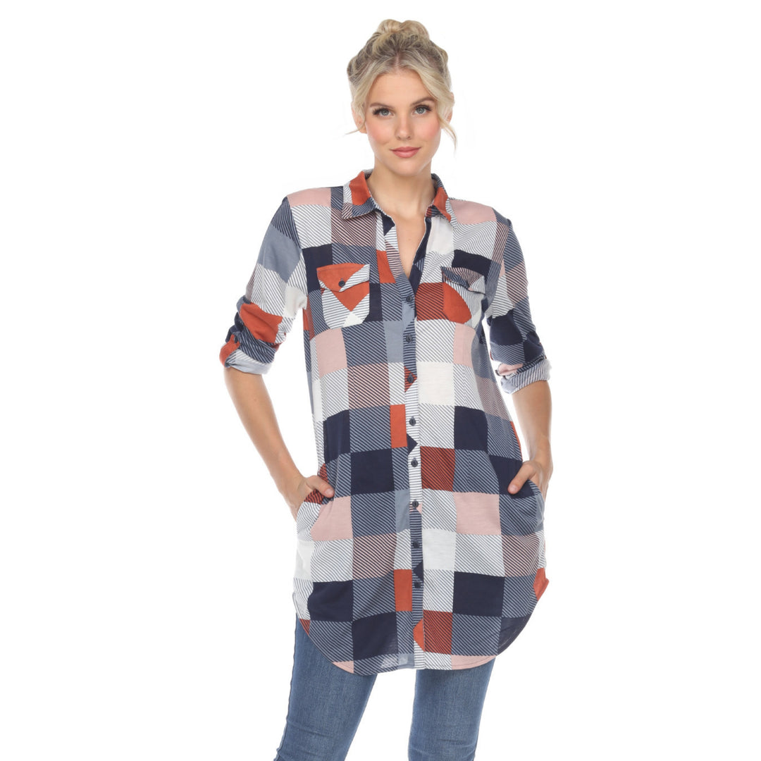 Women's Plaid Button Down Tunic Top