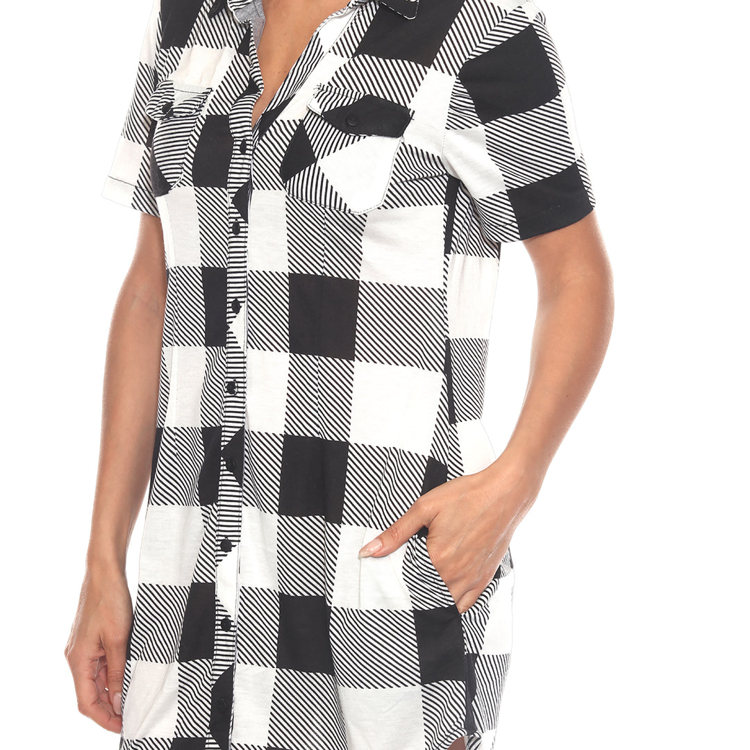 Women's Short Sleeve Plaid Button-Down Shirt Dress