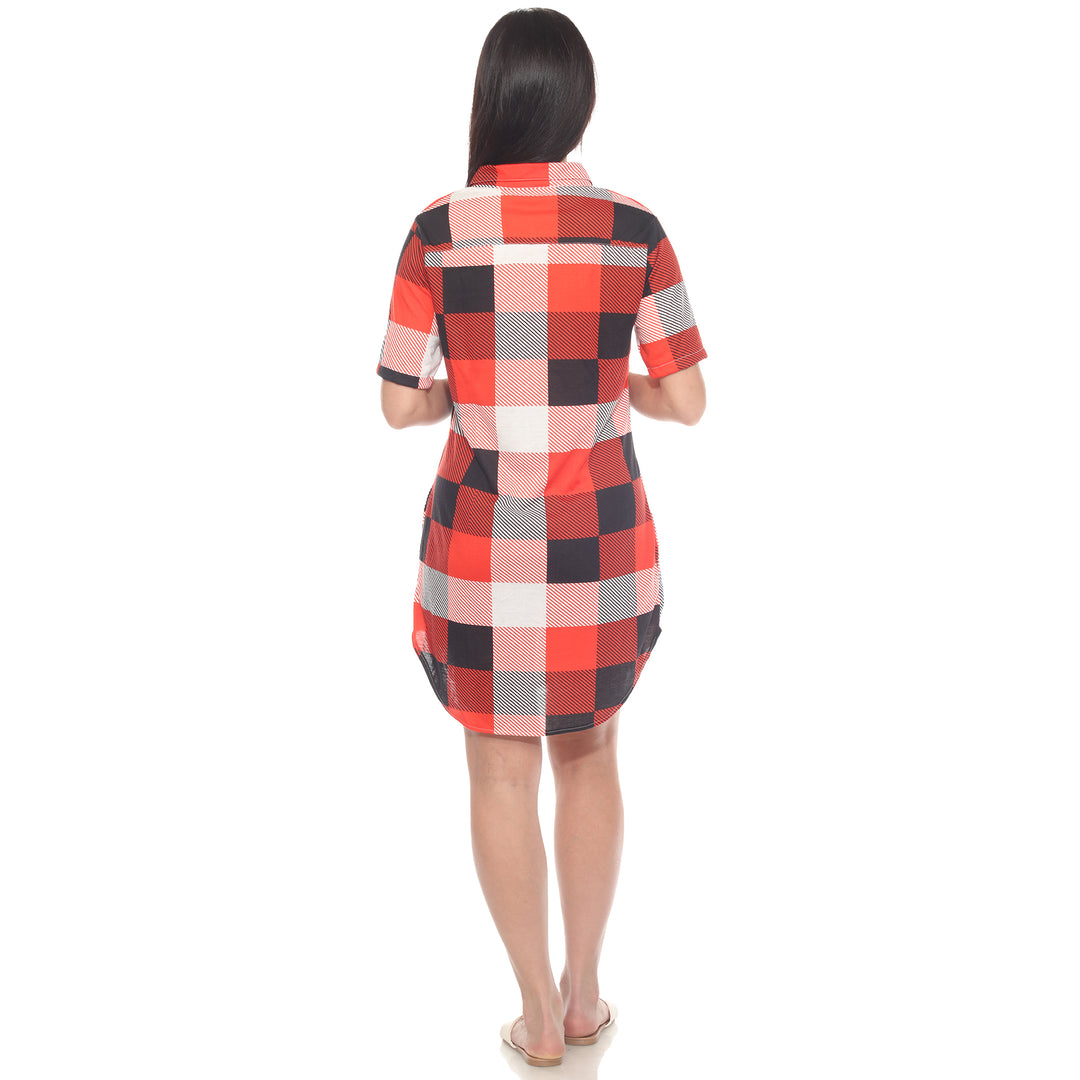 Women's Short Sleeve Plaid Button-Down Shirt Dress
