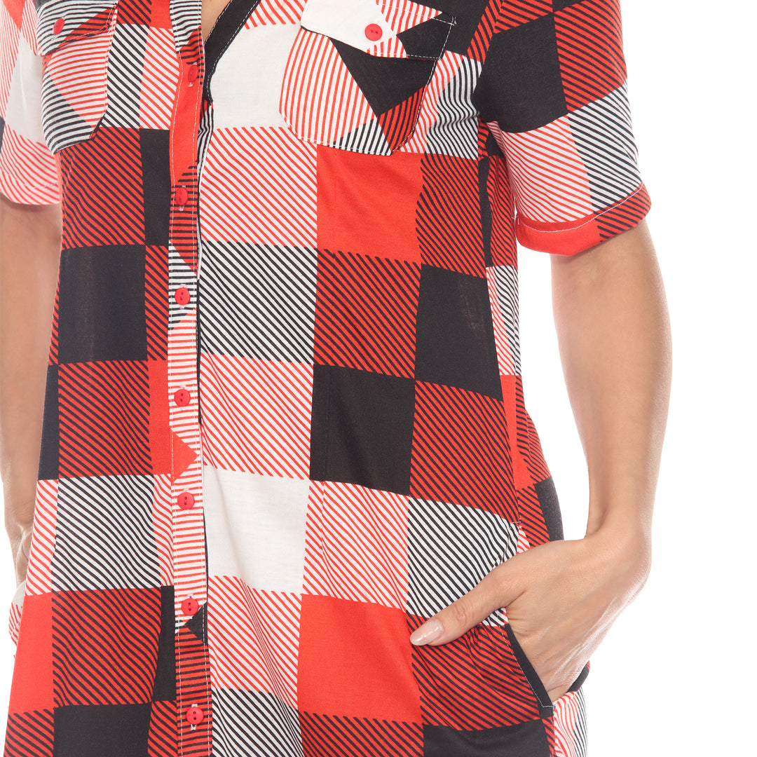 Women's Short Sleeve Plaid Button-Down Shirt Dress