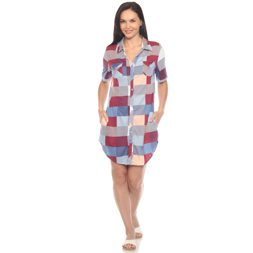 Women's Short Sleeve Plaid Button-Down Shirt Dress