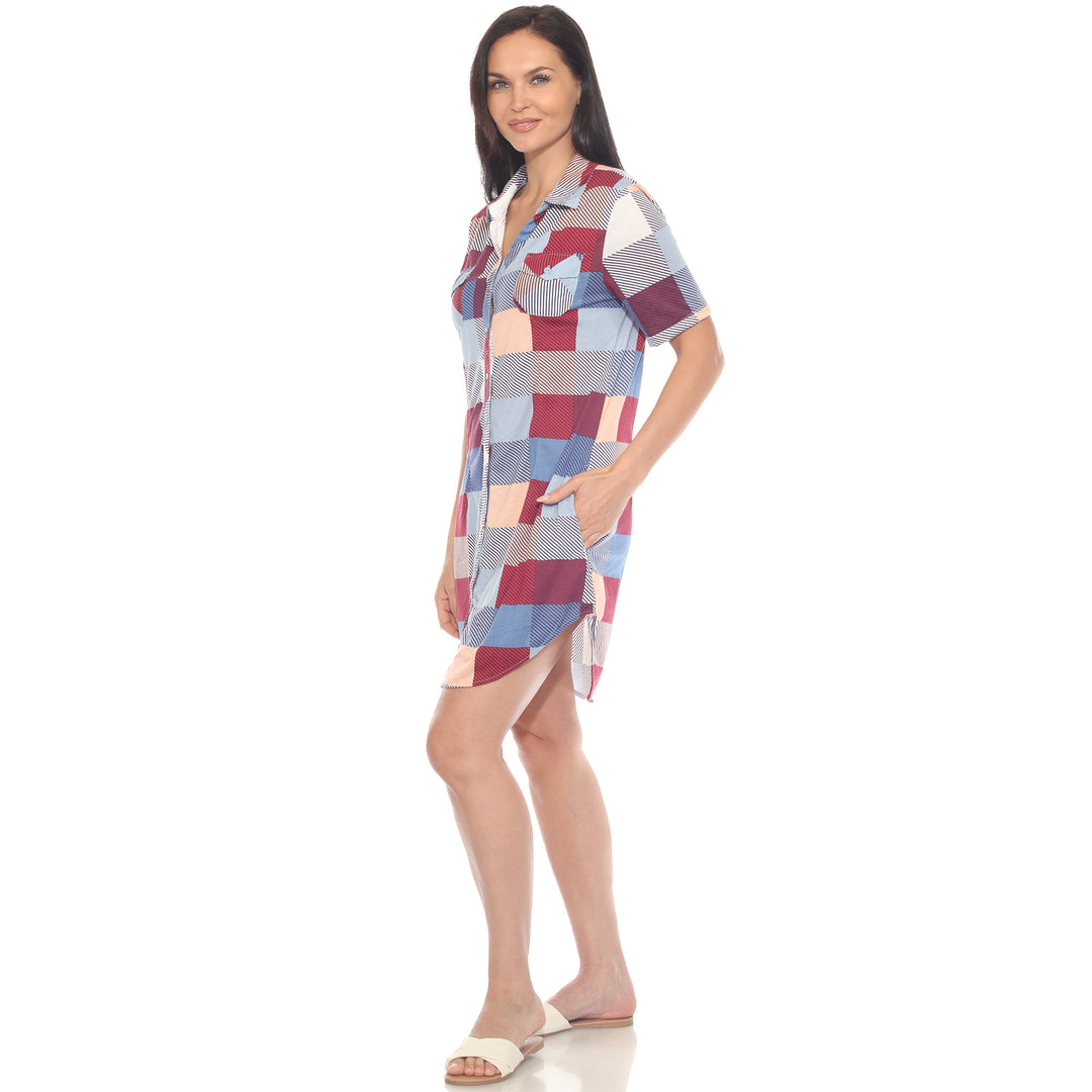 Women's Short Sleeve Plaid Button-Down Shirt Dress