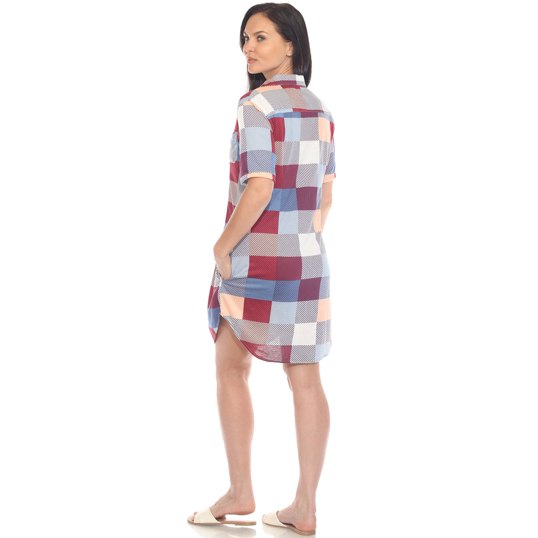Women's Short Sleeve Plaid Button-Down Shirt Dress