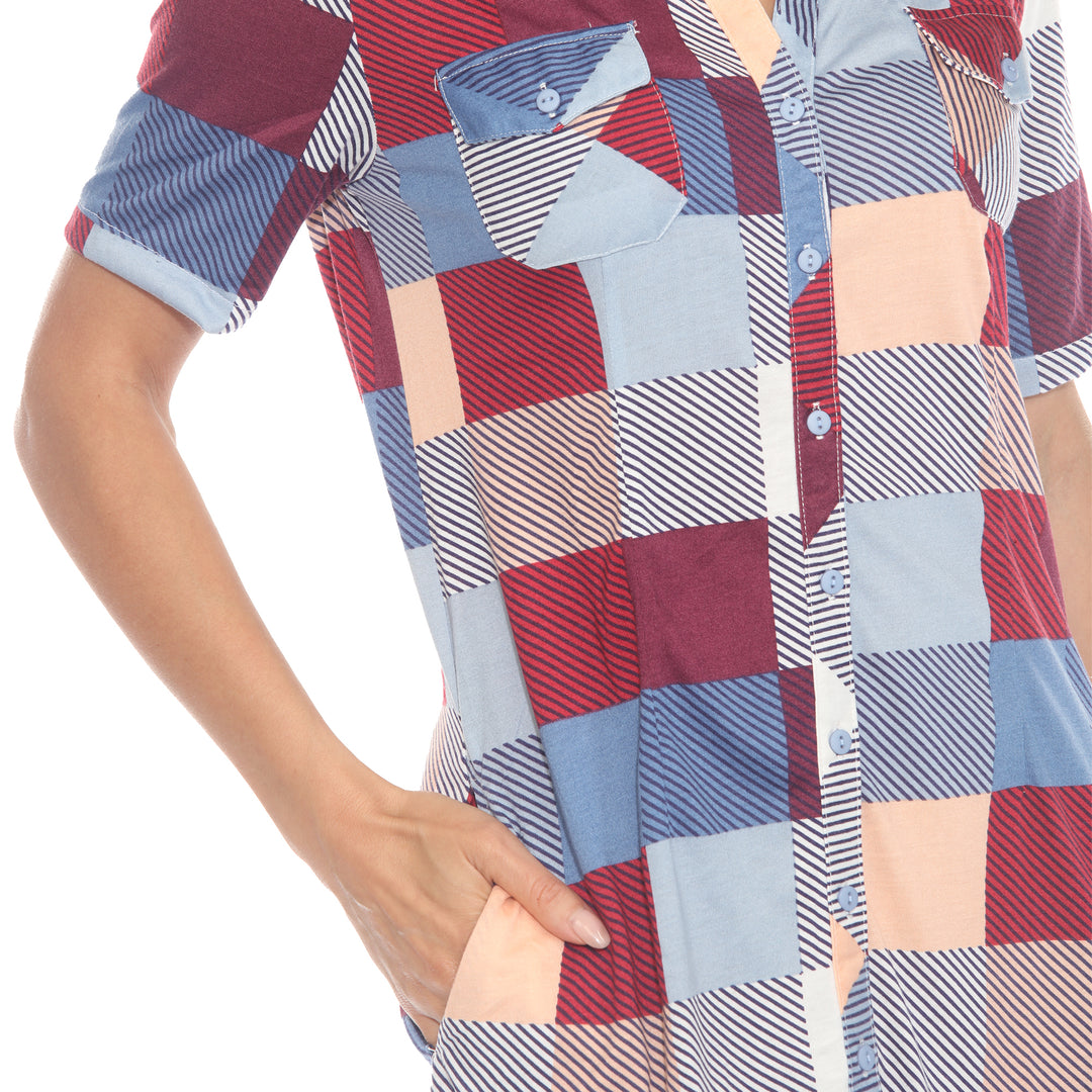 Women's Short Sleeve Plaid Button-Down Shirt Dress