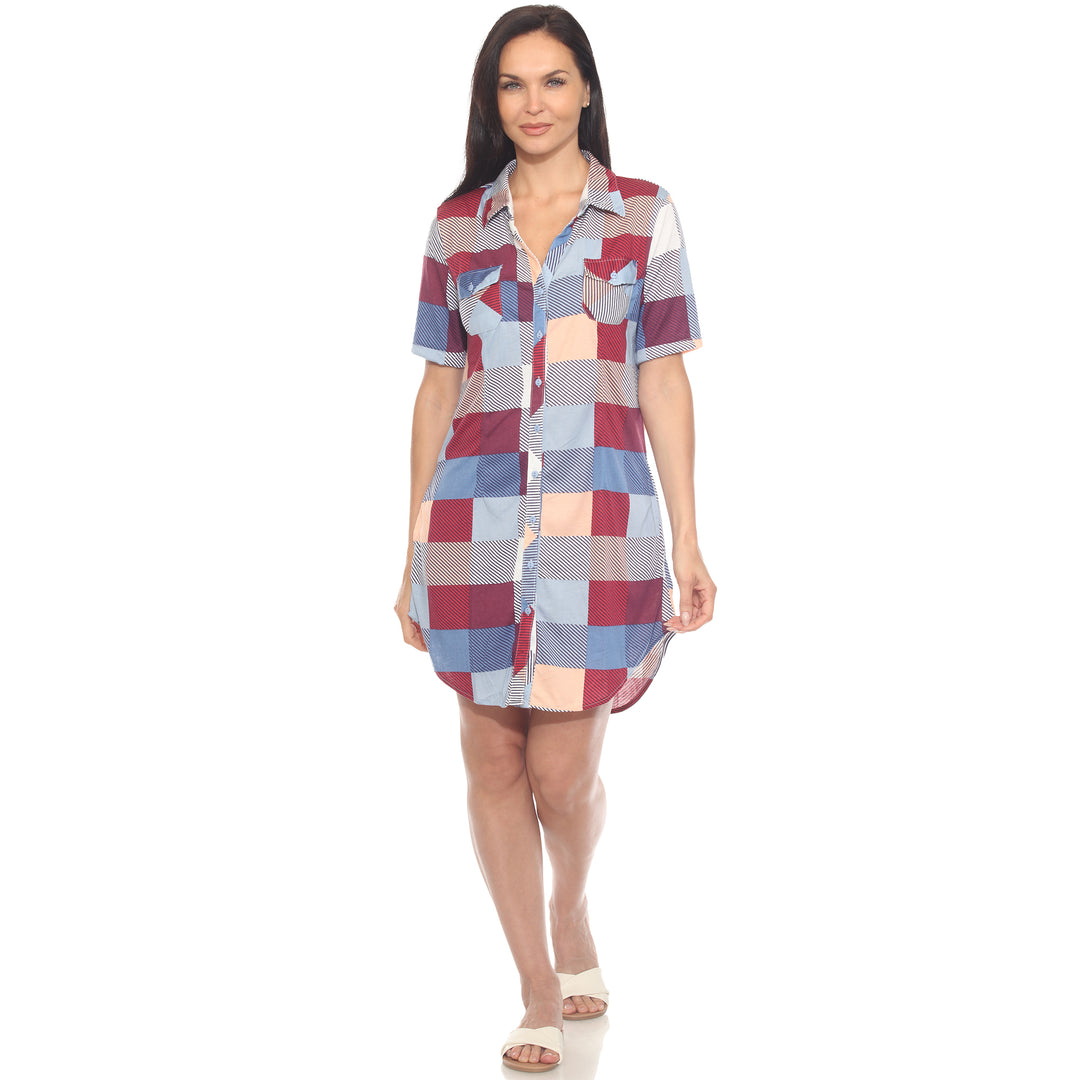 Women's Short Sleeve Plaid Button-Down Shirt Dress