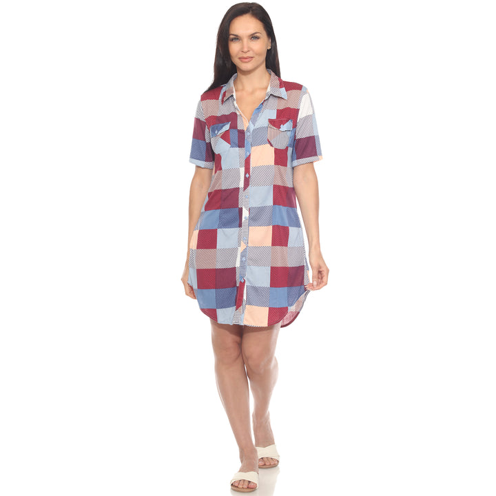 Women's Short Sleeve Plaid Button-Down Shirt Dress