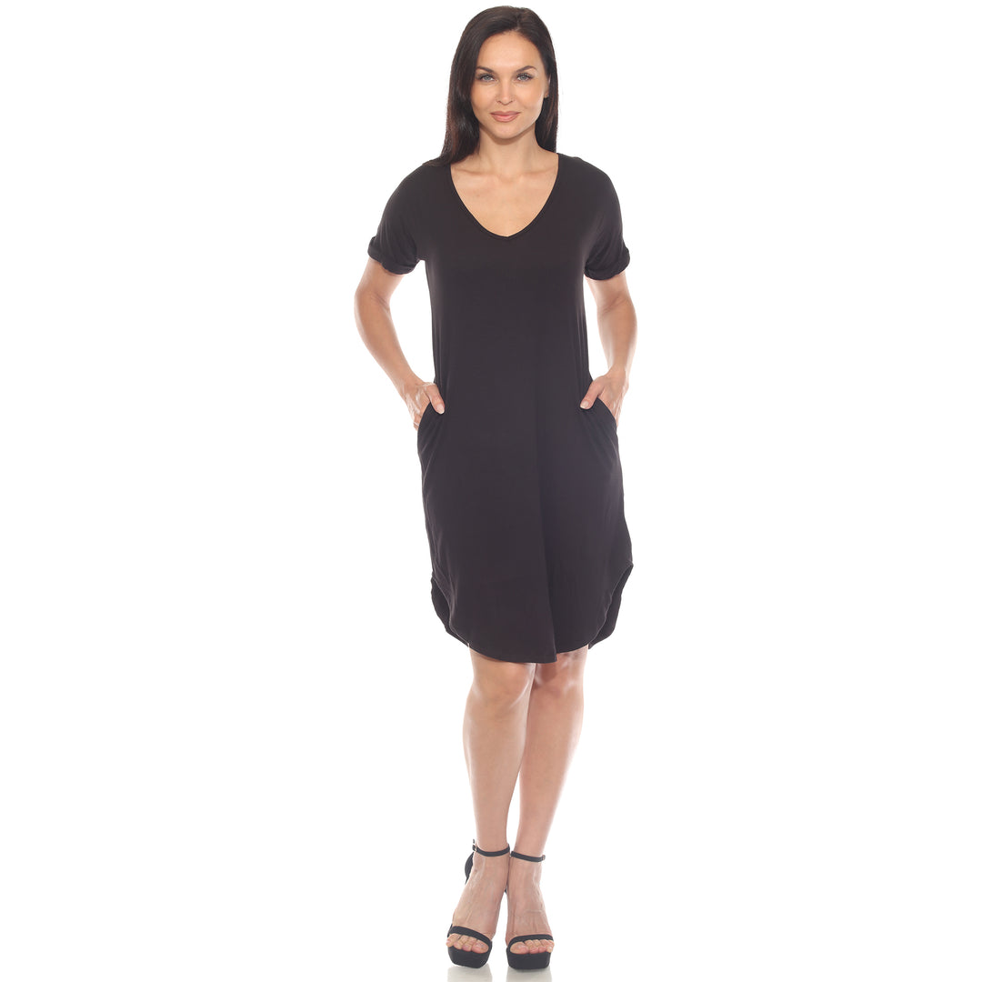 Women's V-Neck Knee-Length Dress with Folded Sleeves and Pockets