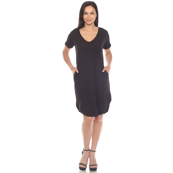 Women's V-Neck Knee-Length Dress with Folded Sleeves and Pockets