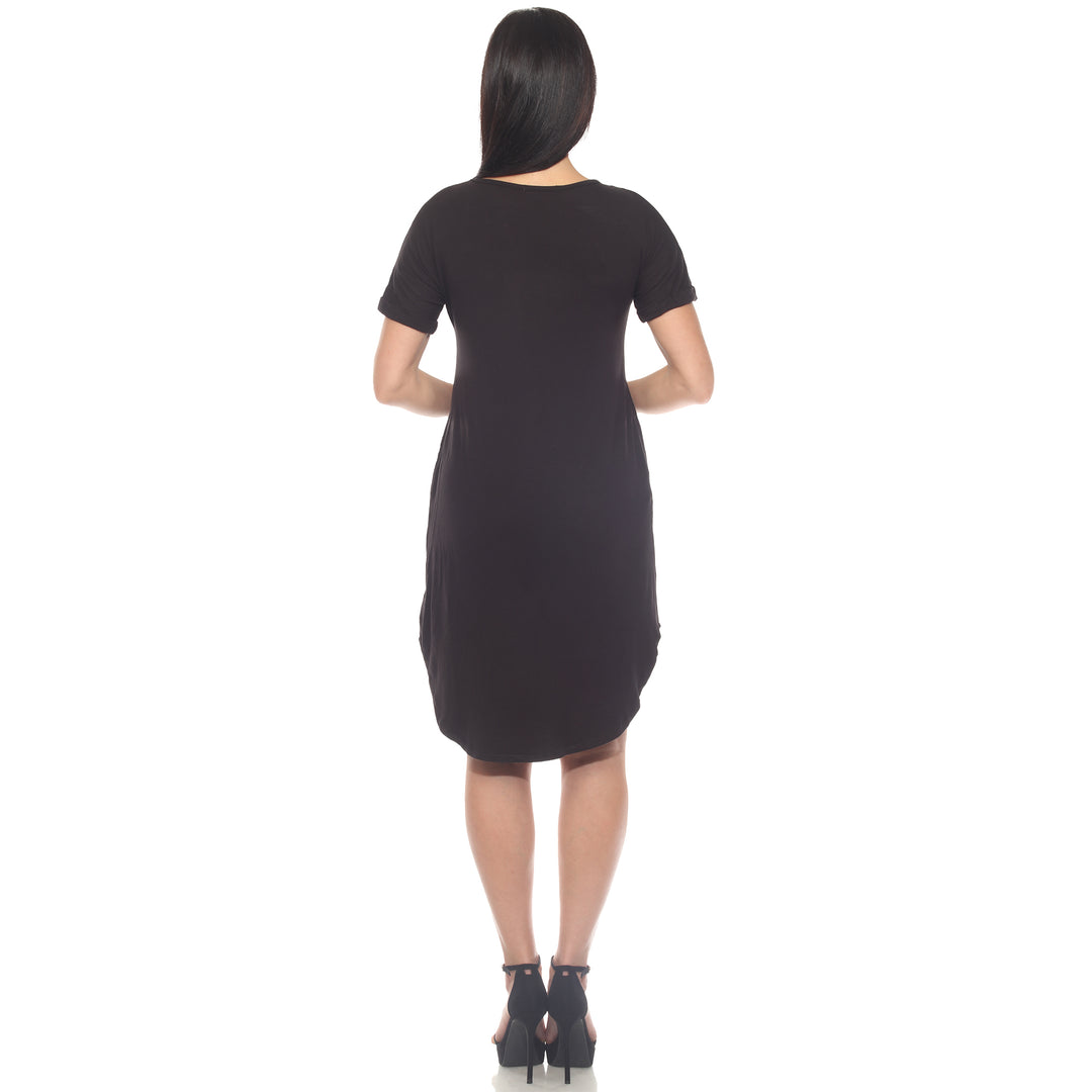 Women's V-Neck Knee-Length Dress with Folded Sleeves and Pockets