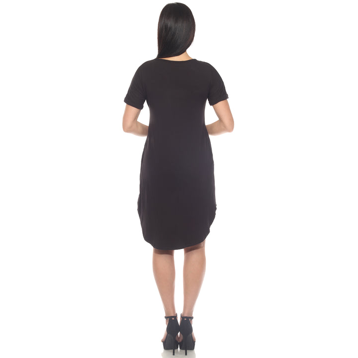 Women's V-Neck Knee-Length Dress with Folded Sleeves and Pockets