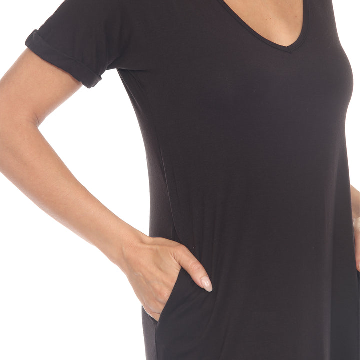 Women's V-Neck Knee-Length Dress with Folded Sleeves and Pockets