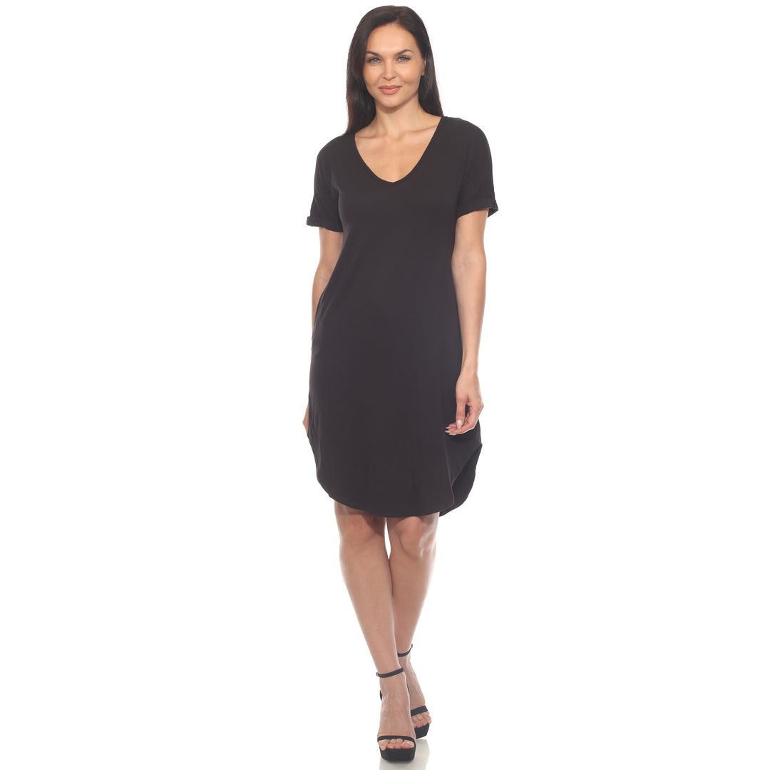 Women's V-Neck Knee-Length Dress with Folded Sleeves and Pockets