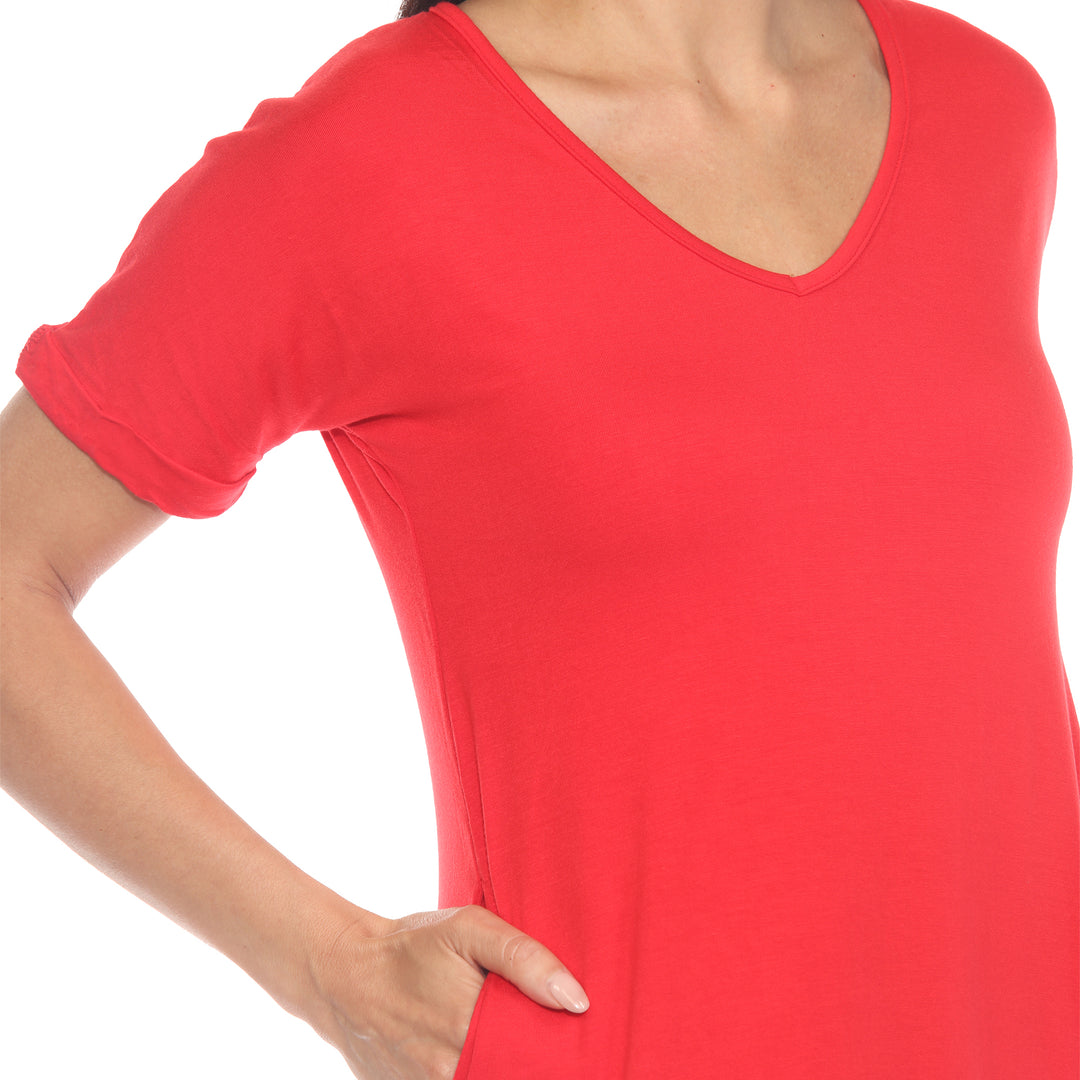 Women's V-Neck Knee-Length Dress with Folded Sleeves and Pockets