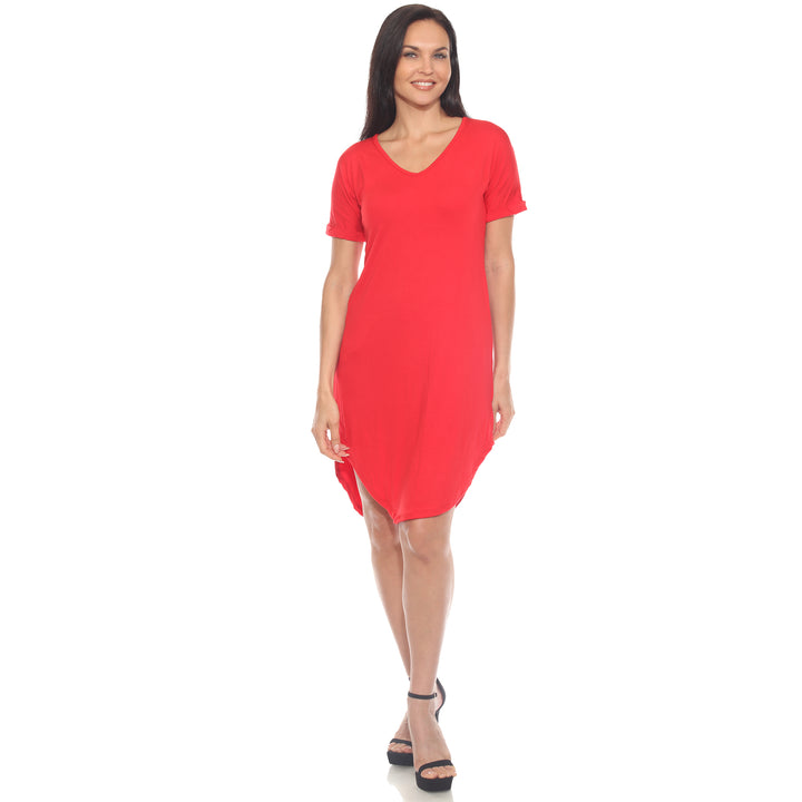 Women's V-Neck Knee-Length Dress with Folded Sleeves and Pockets