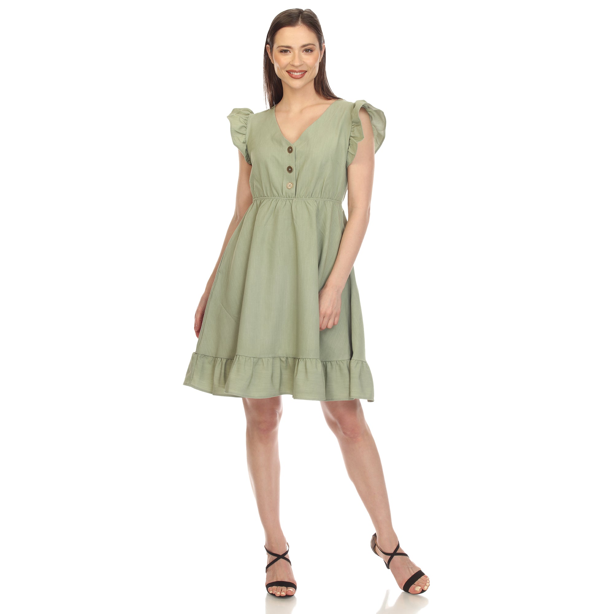 White Mark Women's Ruffle Sleeve Knee-Length Dress, Sage, XL, Cotton