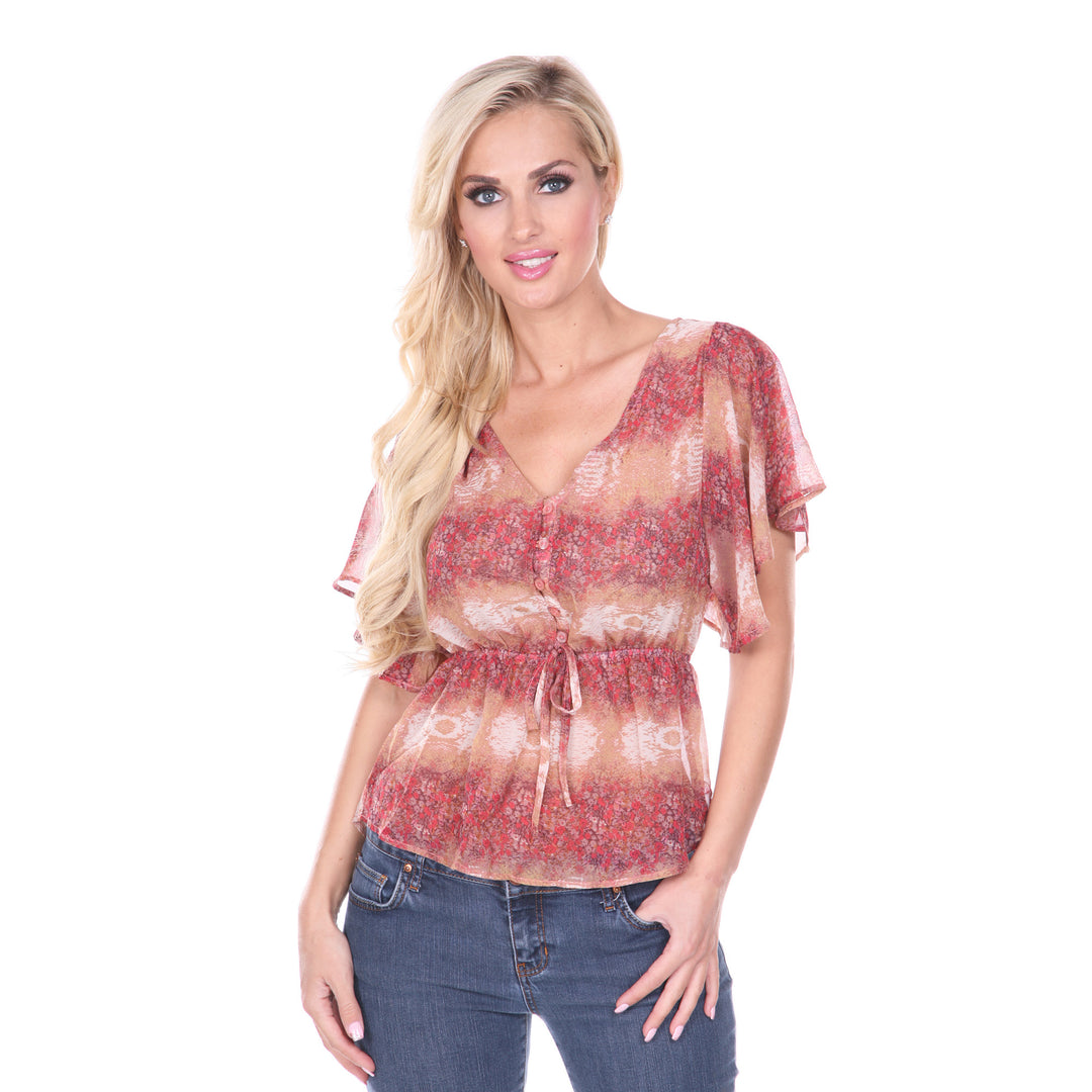 Women's Sheer Kimono Sleeve Blouse with Tie Waist