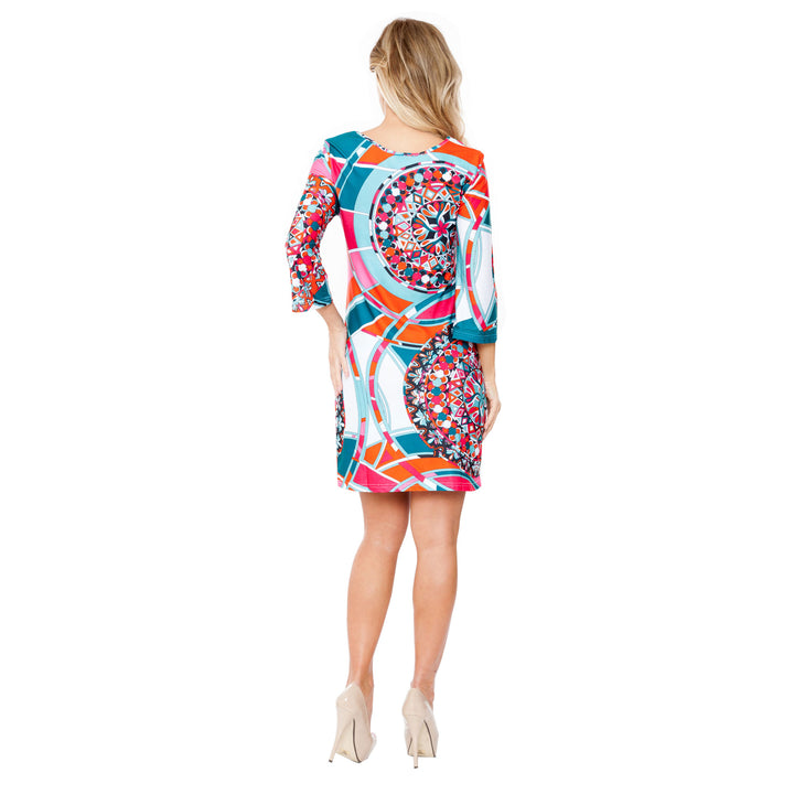 Women's Geometric Print Shift Dress with Scoop Neck and 3/4 Sleeves