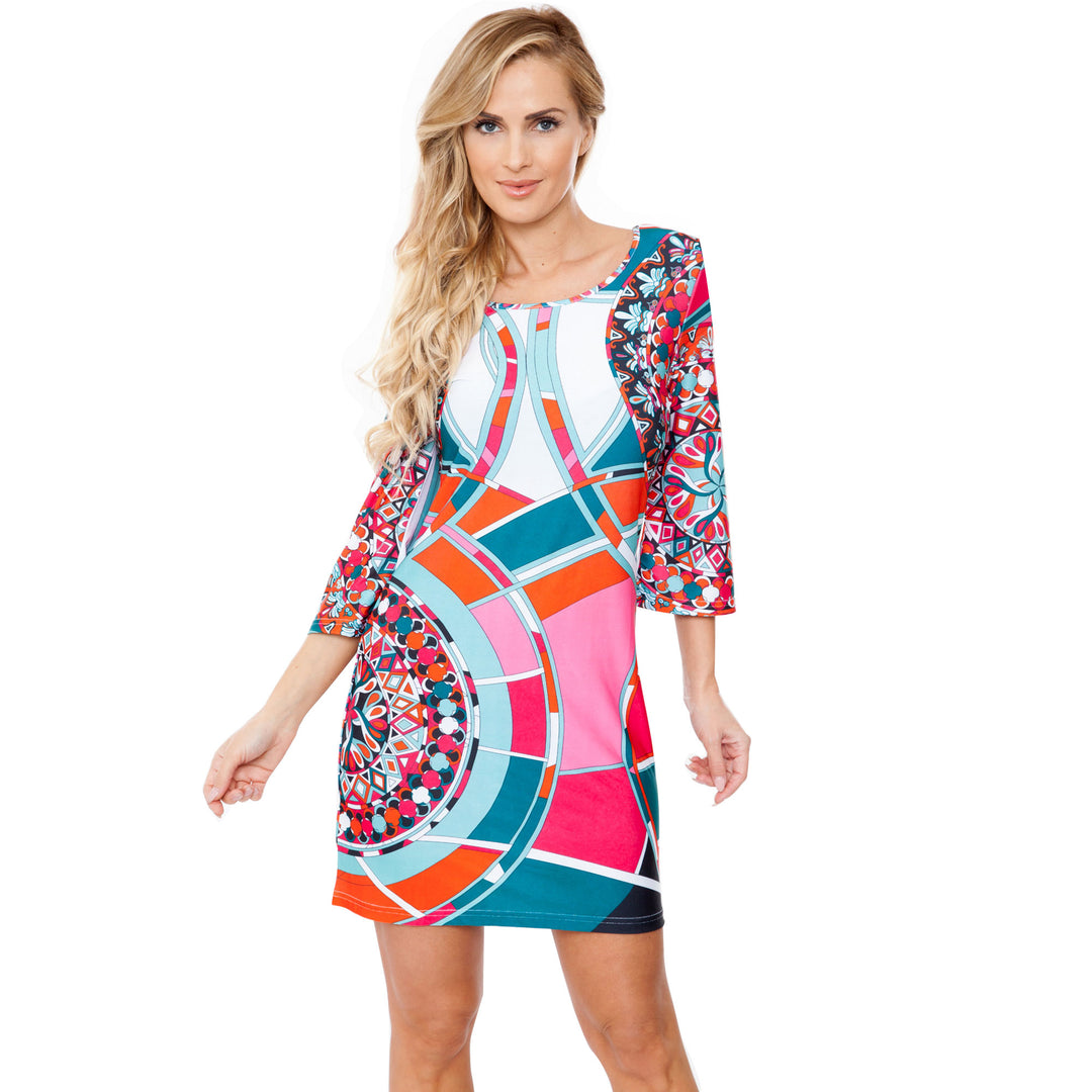 Women's Geometric Print Shift Dress with Scoop Neck and 3/4 Sleeves