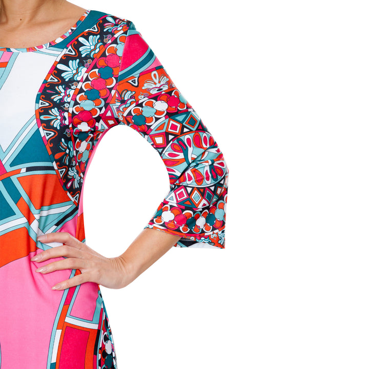 Women's Geometric Print Shift Dress with Scoop Neck and 3/4 Sleeves