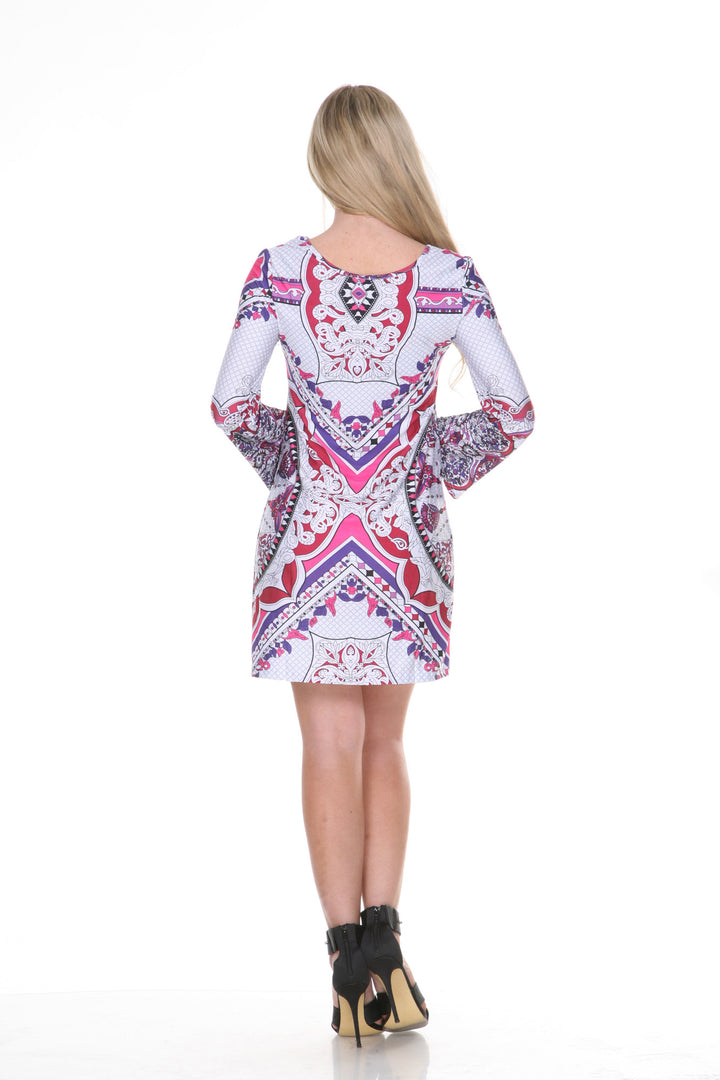 Women's Printed Shift Dress with Scoop Neck and Long Bell Sleeves