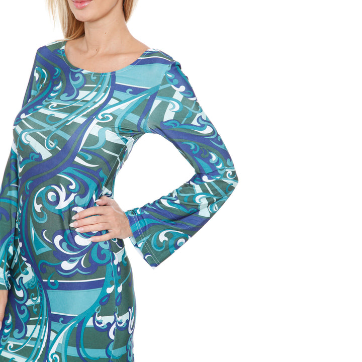 Women's Long Sleeve Printed Shift Dress with Scoop Neck