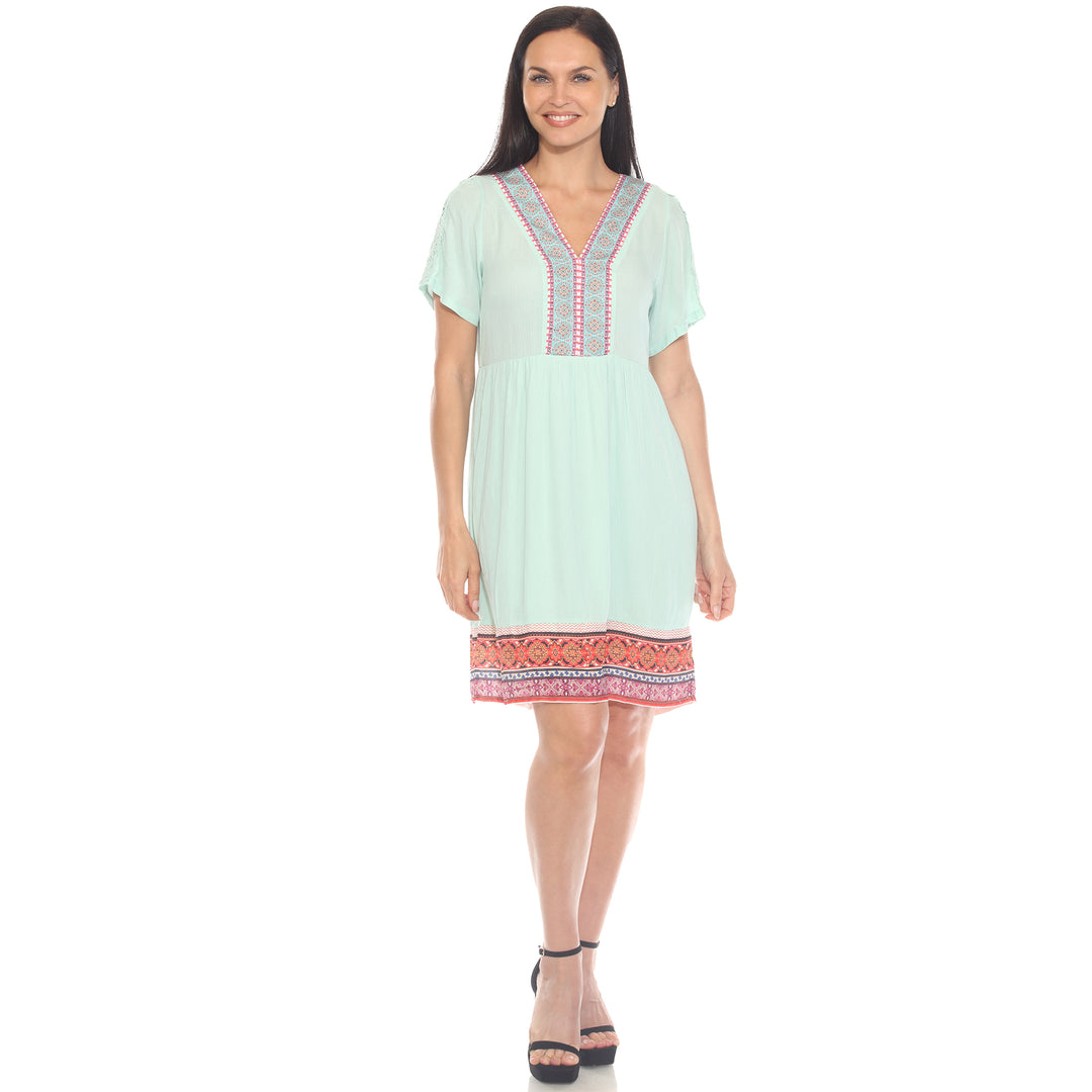 Women's Short Sleeve Embroidered V-Neck Shift Dress